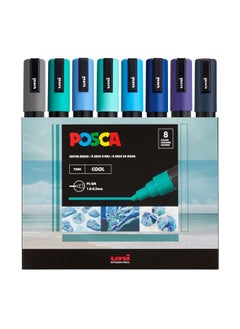 POSCA Markers Set, 8 Medium Paint Markers 5M - Cool Tones - Grey, Emerald Green, Sky Blue, Aqua Green, Light Blue, Blue, Prussian Blue, Navy Blue  - Image 1