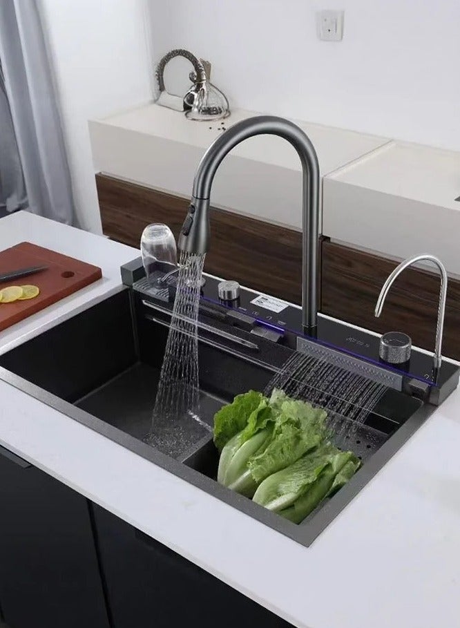 milano Kitchen Sink with 5-Piano Switch|304 Grade Stainless Steel Sink with Waterfall&Pull-down Faucet|LED Digital Display & RO Tap|360° Pull-out Faucet|Hot & Cold Control Handwheel  - Image 2