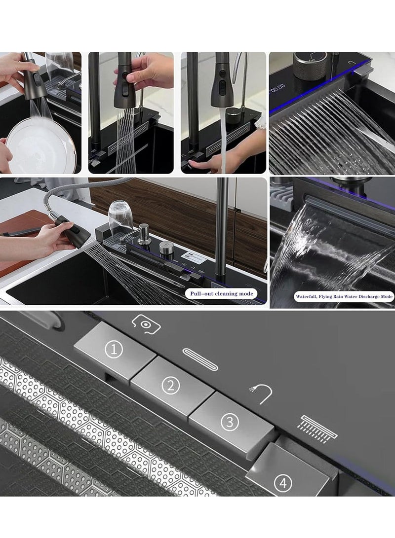 milano Kitchen Sink with 5-Piano Switch|304 Grade Stainless Steel Sink with Waterfall&Pull-down Faucet|LED Digital Display & RO Tap|360° Pull-out Faucet|Hot & Cold Control Handwheel  - Image 5