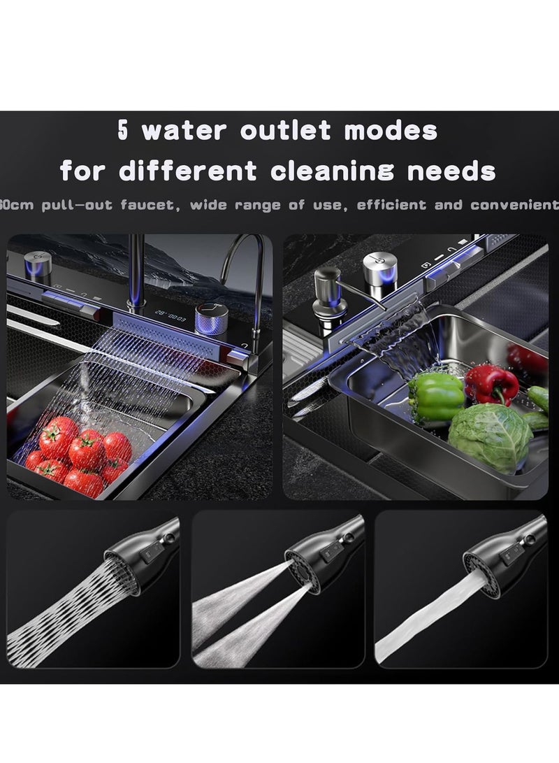 milano Kitchen Sink with 5-Piano Switch|304 Grade Stainless Steel Sink with Waterfall&Pull-down Faucet|LED Digital Display & RO Tap|360° Pull-out Faucet|Hot & Cold Control Handwheel  - Image 4