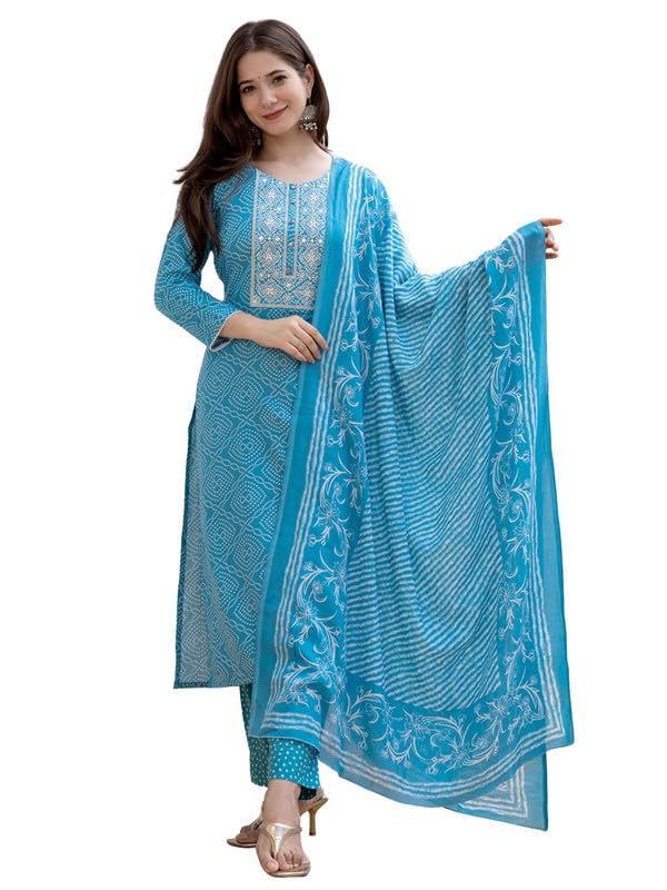 Vaamsi Women's Bandhani Straight Embroidered Kurta Pant With Dupatta (VKSKD2183_S_Blue) - Image 1