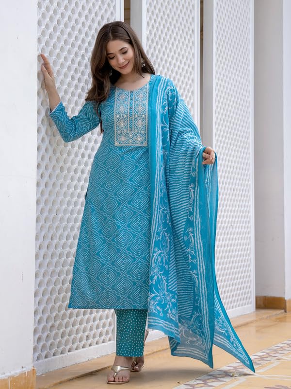 Vaamsi Women's Bandhani Straight Embroidered Kurta Pant With Dupatta (VKSKD2183_S_Blue) - Image 5