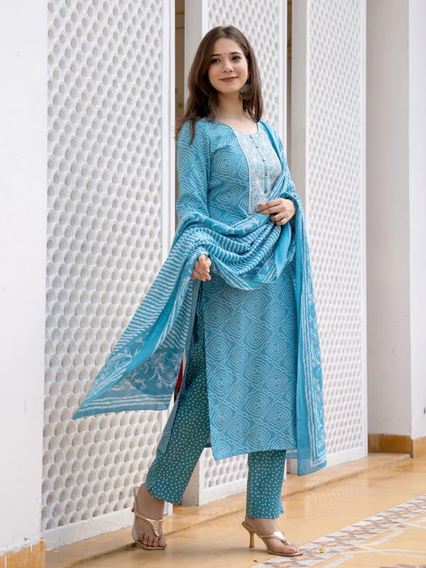 Vaamsi Women's Bandhani Straight Embroidered Kurta Pant With Dupatta (VKSKD2183_S_Blue) - Image 3