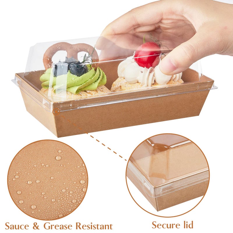 Ocmoiy Paper Charcuterie Boxes with Clear Lids, 50 Pack Disposable Sandwich Containers, Small Kraft Bakery Treat Boxes for 2 Cupcakes, Muffins, Hot Cocoa Bombs, Strawberries, To Go Desserts Boxes - Image 3