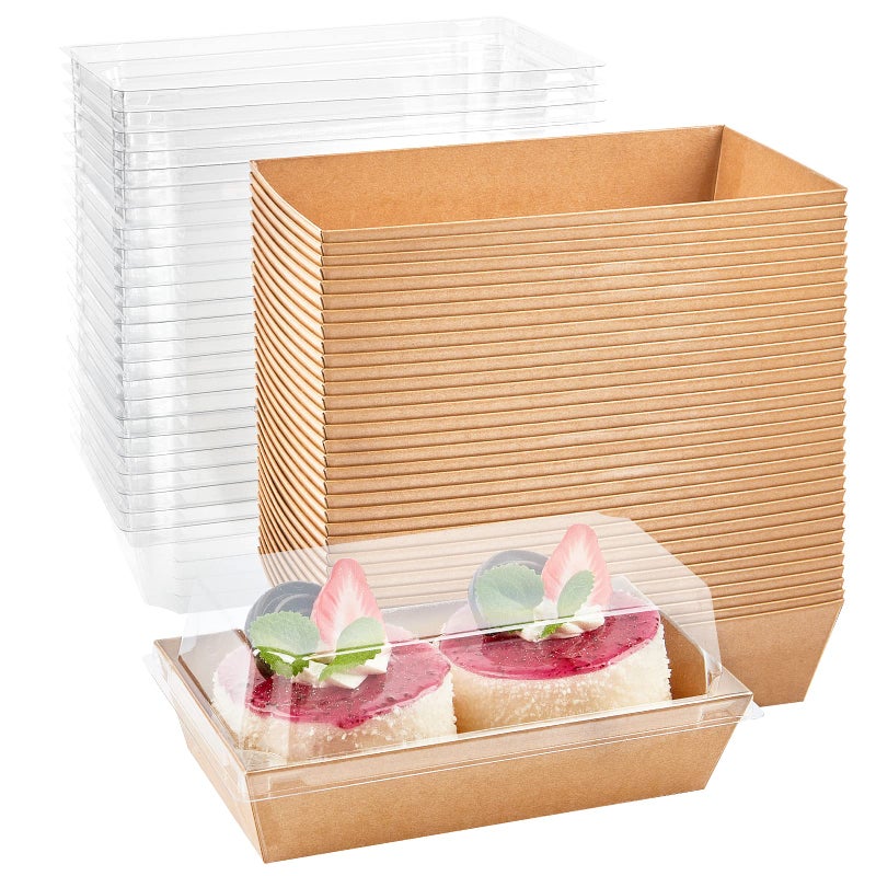Ocmoiy Paper Charcuterie Boxes with Clear Lids, 50 Pack Disposable Sandwich Containers, Small Kraft Bakery Treat Boxes for 2 Cupcakes, Muffins, Hot Cocoa Bombs, Strawberries, To Go Desserts Boxes - Image 1