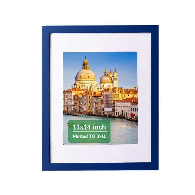 11X14 PICTURE FRAME DARK BLUE SOLID WOOD PHOTO FRAMES DISPLAY PICTURES 8X10 WITH MAT OR 11X14 WITHOUT MAT COLORFUL FRAME FOR TABLETOP DISPLAY OR WALL