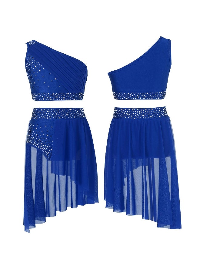 Kids Girls Lyrical Dance Outfit Set Overlay One Shoulder Crop Top with Skirted Briefs Rhinestone Sheer Mesh Dancewear Costume