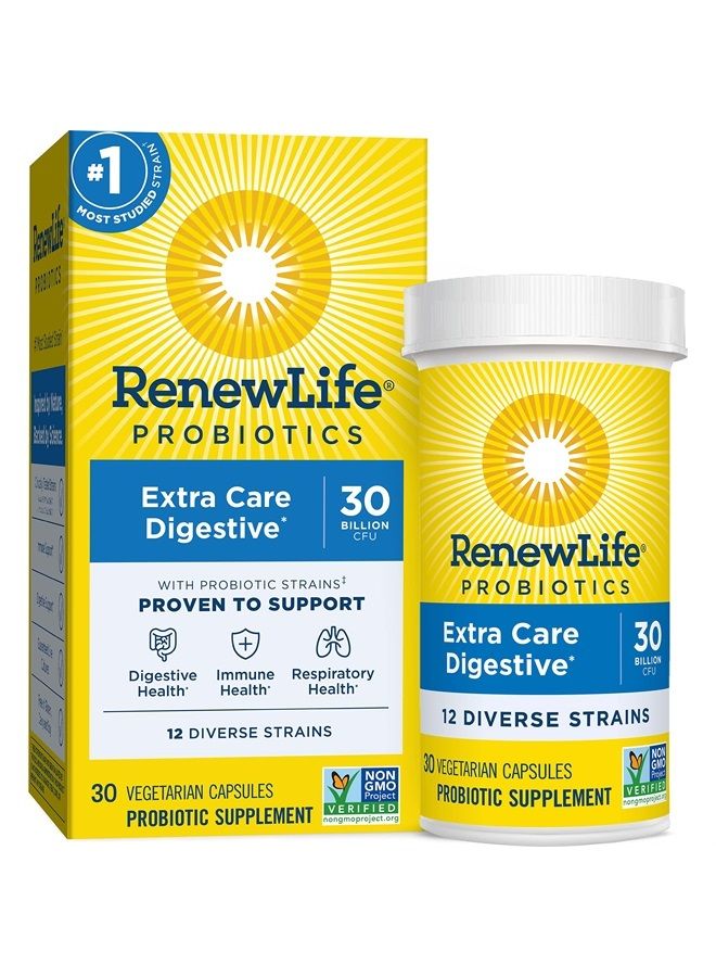 Renew Life Adult Probiotics, 30 Billion CFU Guaranteed, Probiotic Supplement for Digestive & Immune Health, Shelf Stable, Gluten Free, Extra Care, For Men & Women, 30 Capsules - Image 1