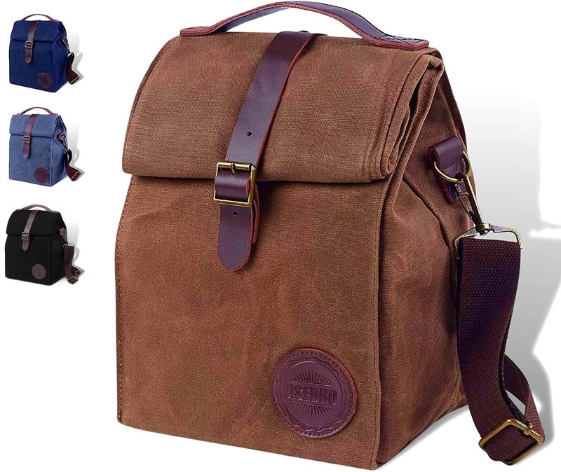 ASEBBO Insulated Lunch Bag 10L Sturdy Waxed Canvas Lunch Box for Men and Women, Leakproof Insulated Cooler Bag for Work Picnic Hiking, Lunchbox for Adults with Shoulder Strap (Brown) - Image 1