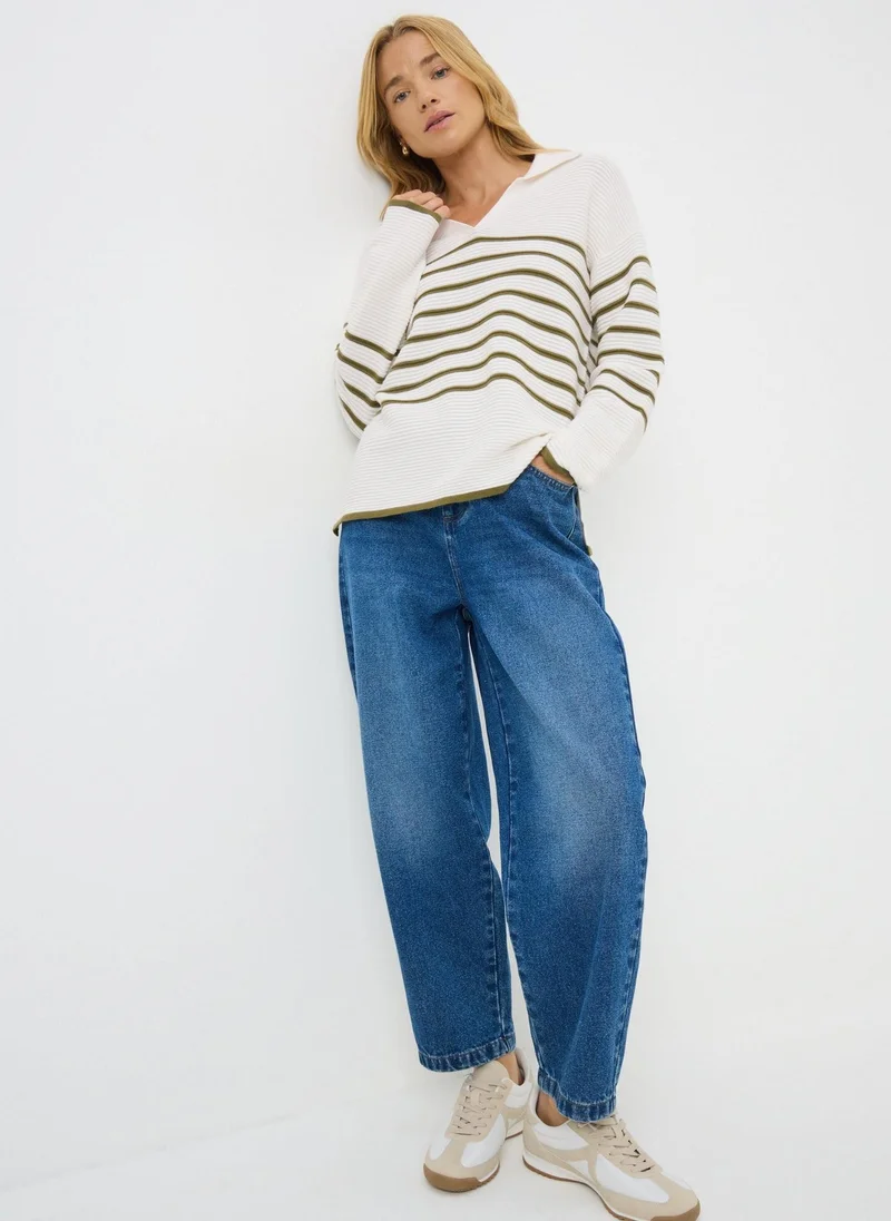 Matalan Green Striped Open Collar Jumper