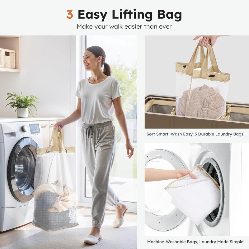 SOLEDI 180L 3-Section Laundry Hamper with Lid, Extra Large Dirty Clothes Basket with Sturdy Handles for Laundry Room & Bedroom - Durable Organizer for Sorting Laundry - Image 4