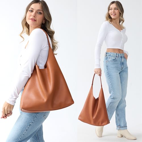 Hoxis Hobo Bags for Women Soft Vegan Leather Shoulder Handbag Slouchy Tote Purses (Orange-brown) - Image 2