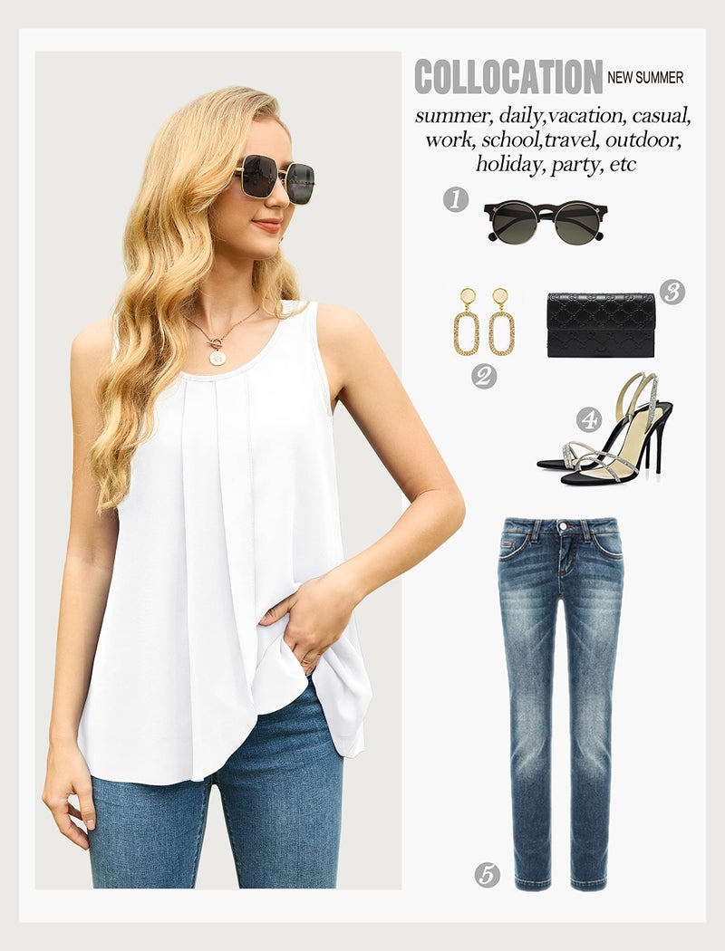 IWOLLENCE Sleeveless Tops for Women Chiffon Double Layers Blouse Loose Round Neck Chiffon Blouses White Tank Tops Medium - Image 4