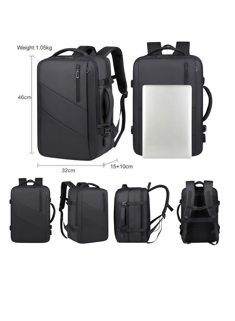 Skycare Expandable Travel Laptop Backpack for Men, Large Business Computer Bag with USB Charging Port, Water Resistant Flight Approved Carry On Daypack with Chest Strap, Fits 15.6-17 Inch Laptop (Black) - Image 2
