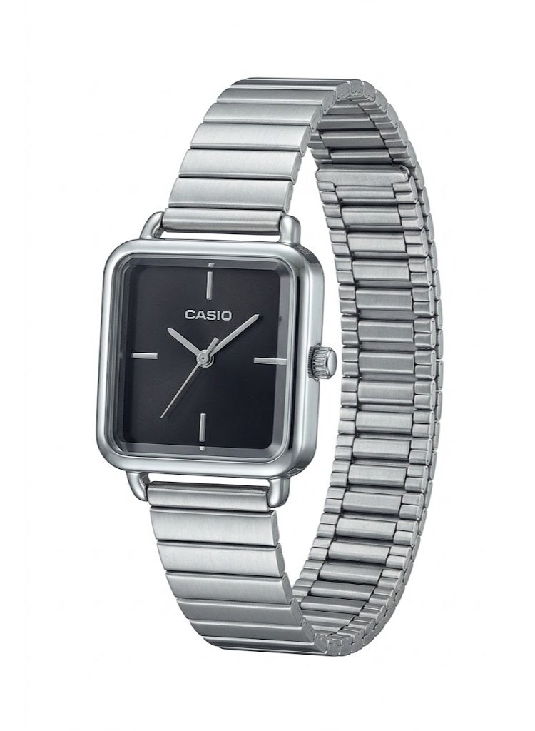 Casio Analog Watch, Square Silver-Tone Case, Black Dial, Link Bracelet - Image 1