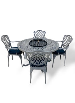 Outdoor Round Table Fire Pit Heating Stove with 4pcs Cushions Chairs Patio Furniture Sets