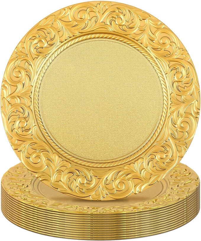 ANTIQUE CHARGER PLATES BULK 13 PLASTIC EMBOSSED DINNER PLATE CHARGERS ROUND FLORAL PLATES FOR WEDDING DECORATIVE CHARGERS FOR TABLE DINNER KITCHEN PARTY DECORATIONGOLD 12 PCS