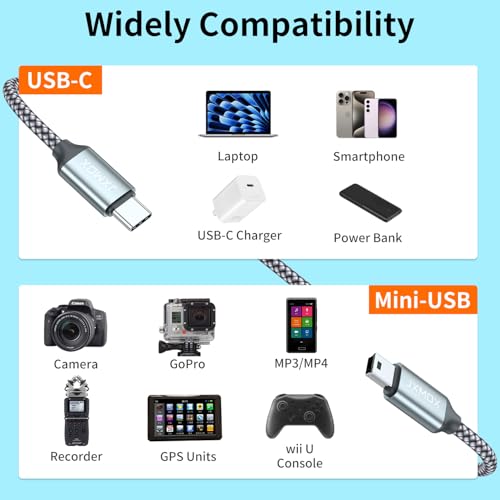 JXMOX USB C to Mini USB Cable,(3.3ft 2-Pack) Mini USB to Type C Cable Charging Cord for GoPro Hero 3+, PS3 Controller, MP3 Player, Dash Cam, Digital Camera, GPS Receiver, PDAs and More Mini B Devices - Image 4