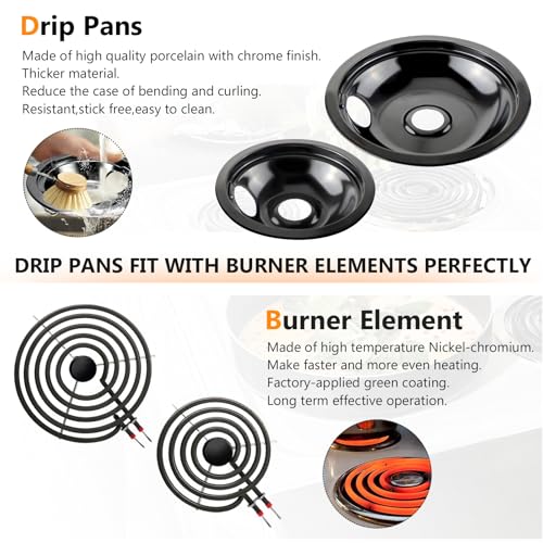 Blutoget W10290350 W10290353 Porcelain Electric Stove Burner Drip Pans and MP22YA Electric Range Burner Element MP15YA(6") MP21YA(8") by Blutoget- Fit for Whirlpool May-tag Amana Electric Range Stove - Image 4