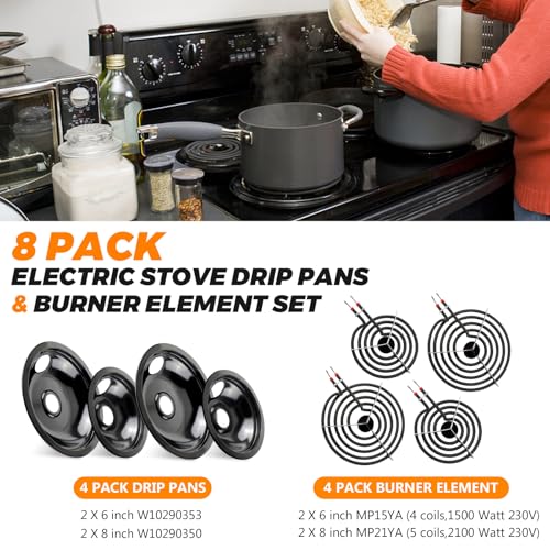 Blutoget W10290350 W10290353 Porcelain Electric Stove Burner Drip Pans and MP22YA Electric Range Burner Element MP15YA(6") MP21YA(8") by Blutoget- Fit for Whirlpool May-tag Amana Electric Range Stove - Image 5