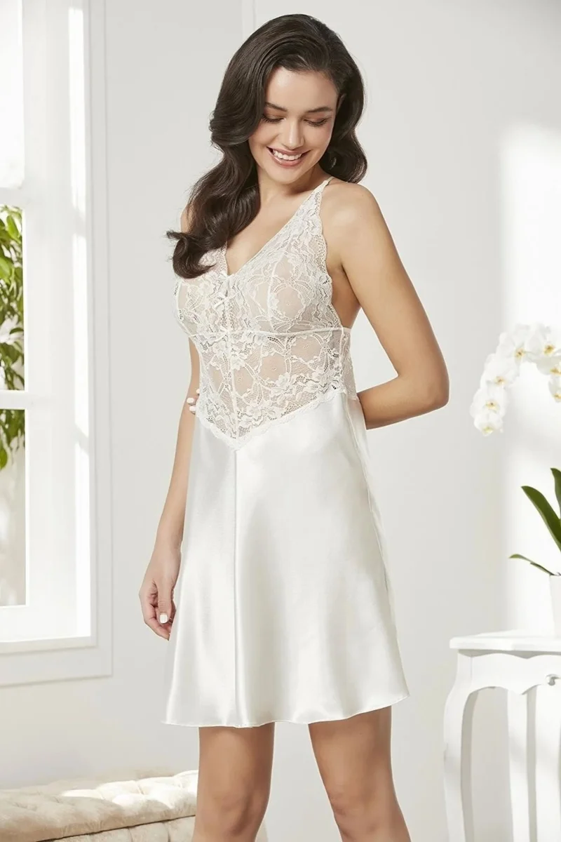بيير كاردان 850 Women's Satin Lace Nightgown-Ecru