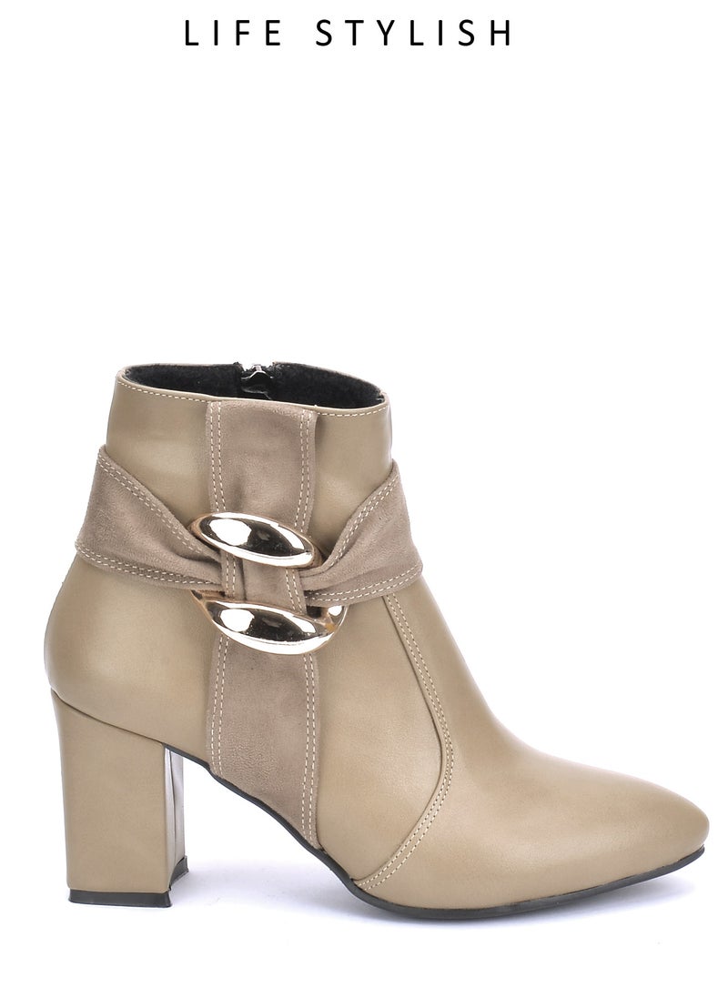 LIFESTYLISH R-4 Stylish Leather Heel Boot Ornament - Beige  - Image 1