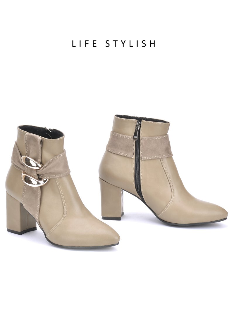 LIFESTYLISH R-4 Stylish Leather Heel Boot Ornament - Beige  - Image 3