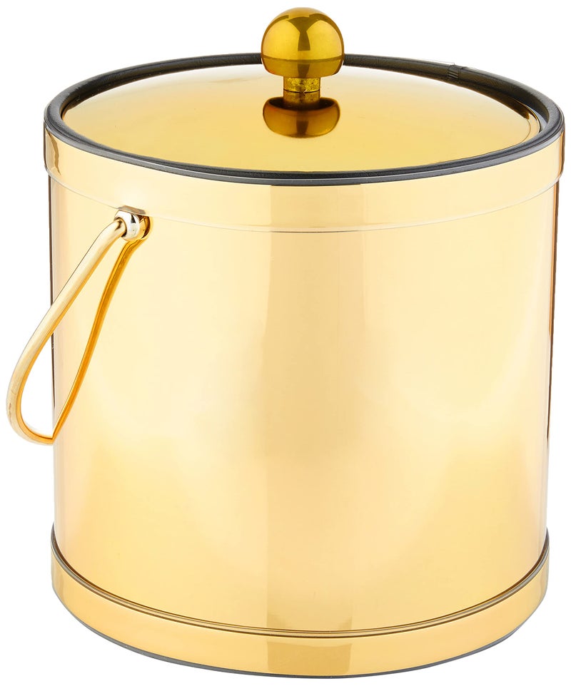 Kraftware Polished Brass Color with Metal Double Wall Construction Mylar Ice Bucket with Lid 3 Quart