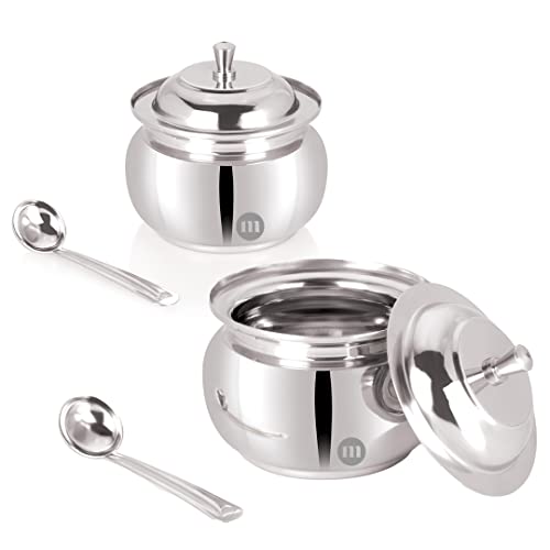 MARU Stainless Steel Ghee Pot With Spoon & Lid Set Of 2 Pcs, Elegant Ghee Dispenser Container For Kitchen Storage Set, Multipurpose Oil, Sauce, Ghee Storage Container For Kitchen, 350Ml, Silver - Image 1