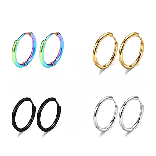 Vishoca Surgical Stainless Steel Thin Hoop Earrings 6mm/8mm/10mm Small Huggie Hoop Earrings for Women and Men (C: Diameter 10mm (4 Color),4 Pairs) - Image 1