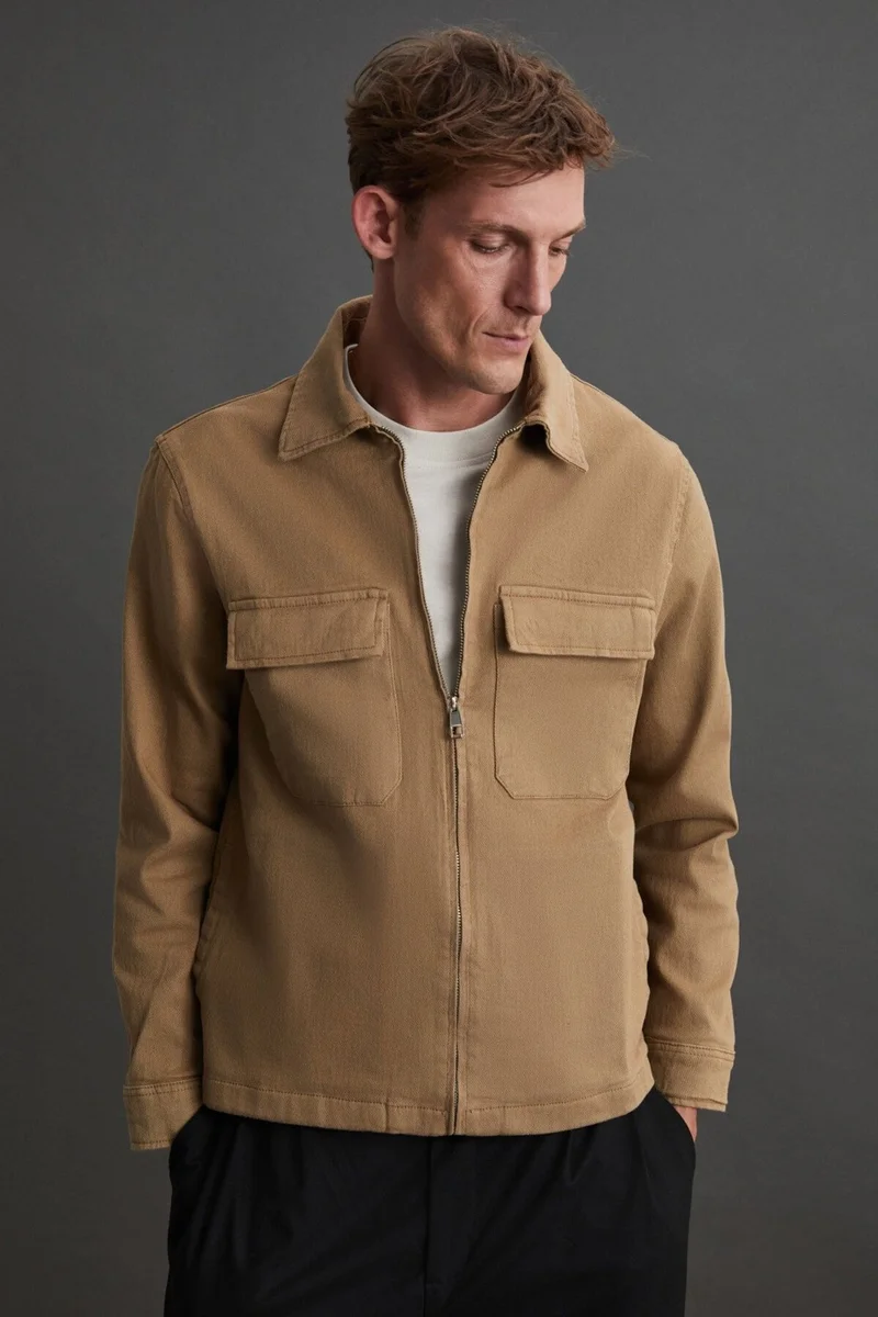 جريميلانج Benny Men's Double Pocket Zippered Beige Jacket