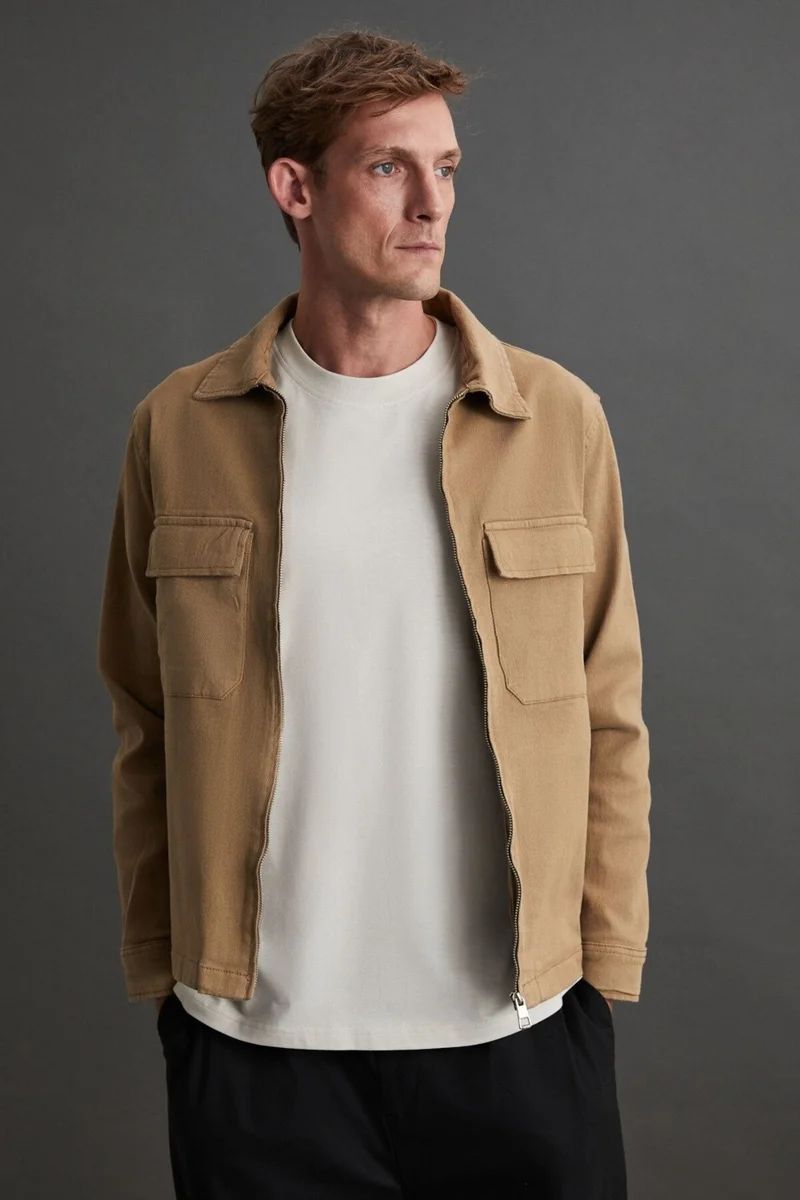 جريميلانج Benny Men's Double Pocket Zippered Beige Jacket