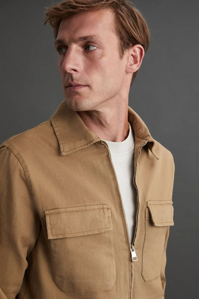 جريميلانج Benny Men's Double Pocket Zippered Beige Jacket