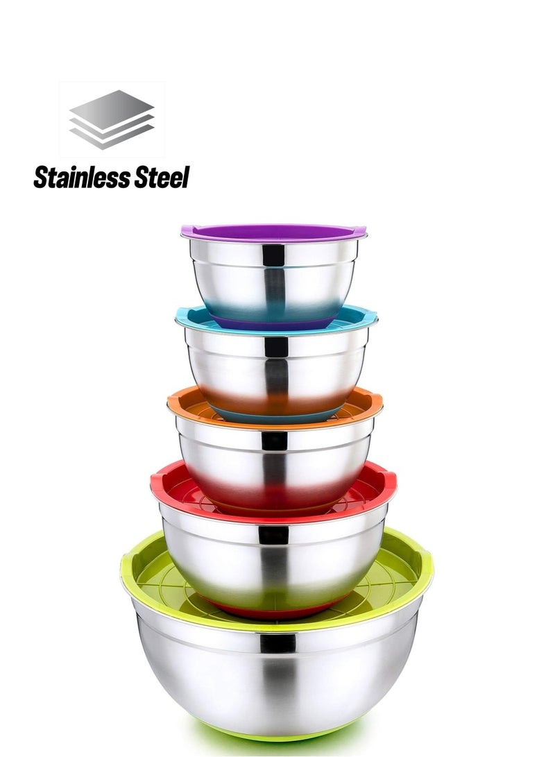 DubaiGallery Mixing Bowl Set, 5-Piece Stainless Steel Salad Bowl Set with Lid and Silicone Base for the Kitchen, Multifunctional, Stackable, Dishwasher Safe - Image 1