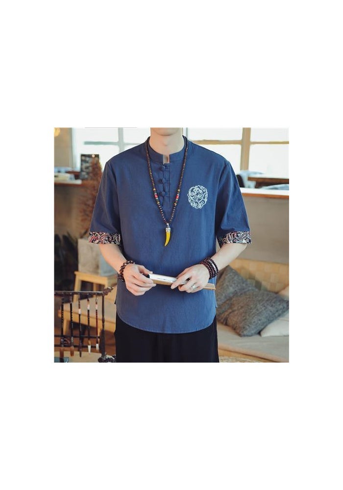 Chinese Style Men's Embroidered Linen Short-sleeved T-shirt Men's Vintage plus size Loose Half-sleeved Summer Cotton Linen Tang T-shirt - Image 1