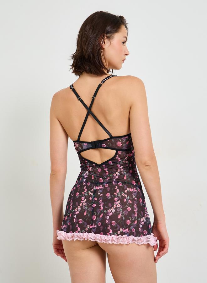 Take Two Floral Mesh Babydoll with Lace Trim and Brief - Image 5