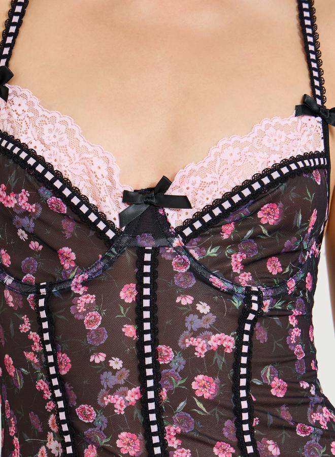 Take Two Floral Mesh Babydoll with Lace Trim and Brief - Image 3