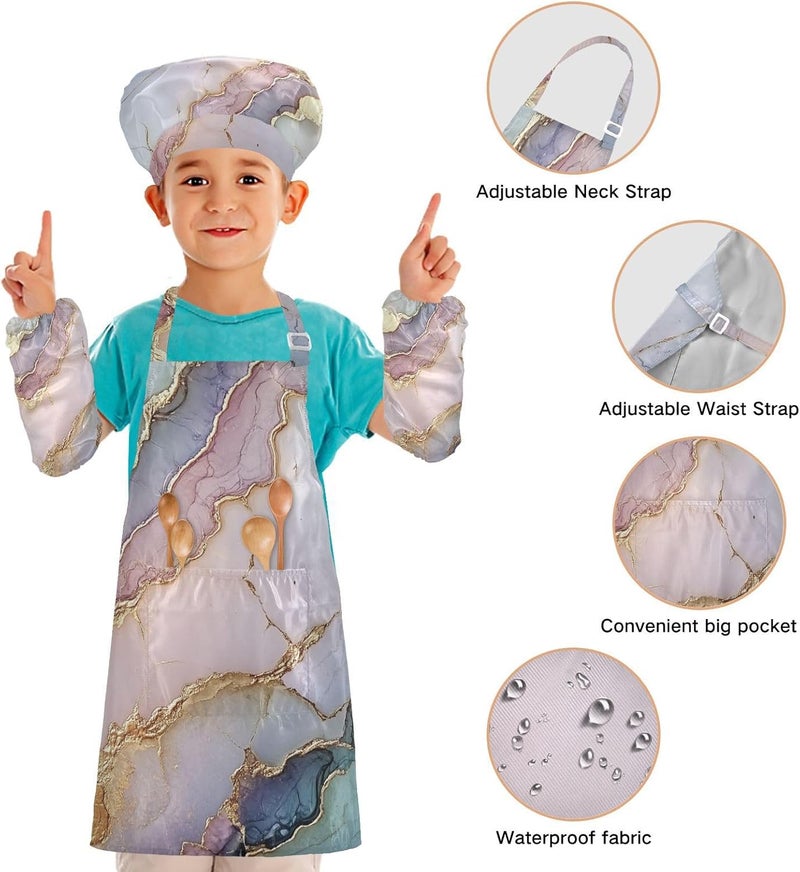 Kids Apron Set Comfy Marble Blush Neutral Child Apron with Pockets for Kids Gifts 3-12 Years Old - Image 4