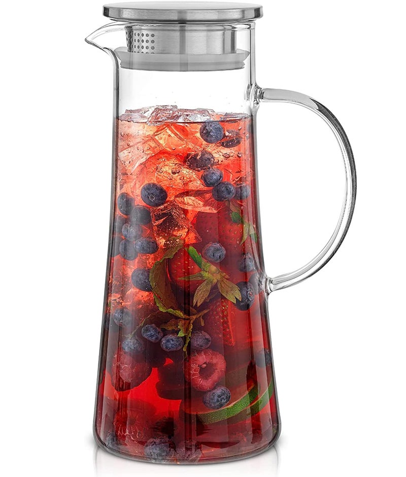 Mivana Premium Juice and Water Glass Pitcher jug with Stainless Steel Lid and 1.8 Liter Water jug with Handle hot Cold Water, ice Lemon Tea, Milk and Juice Beverage Carafes (Round Jug) - Image 1