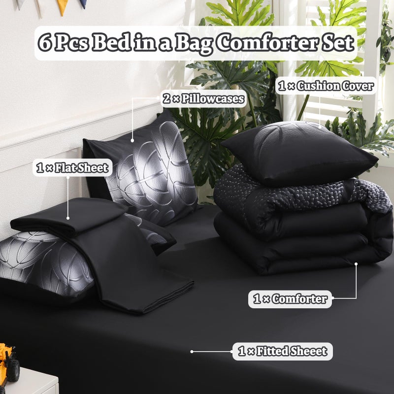 Tasselily 6 Pcs Basketball Full Bedding Sets for Boys,Basketball Sports Black Full Size Comforter Set with Sheets for Kids Teens - Image 3