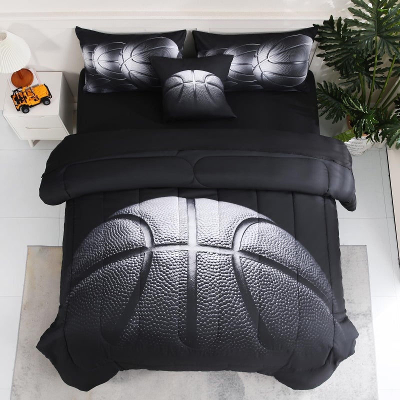 Tasselily 6 Pcs Basketball Full Bedding Sets for Boys,Basketball Sports Black Full Size Comforter Set with Sheets for Kids Teens - Image 1