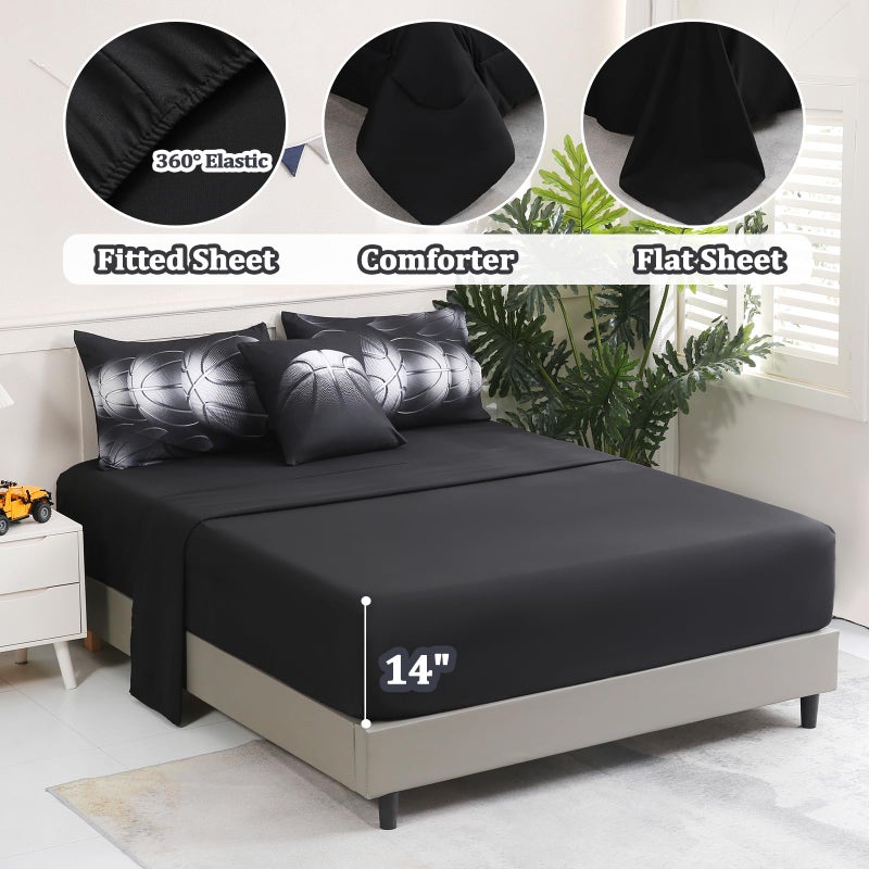 Tasselily 6 Pcs Basketball Full Bedding Sets for Boys,Basketball Sports Black Full Size Comforter Set with Sheets for Kids Teens - Image 4