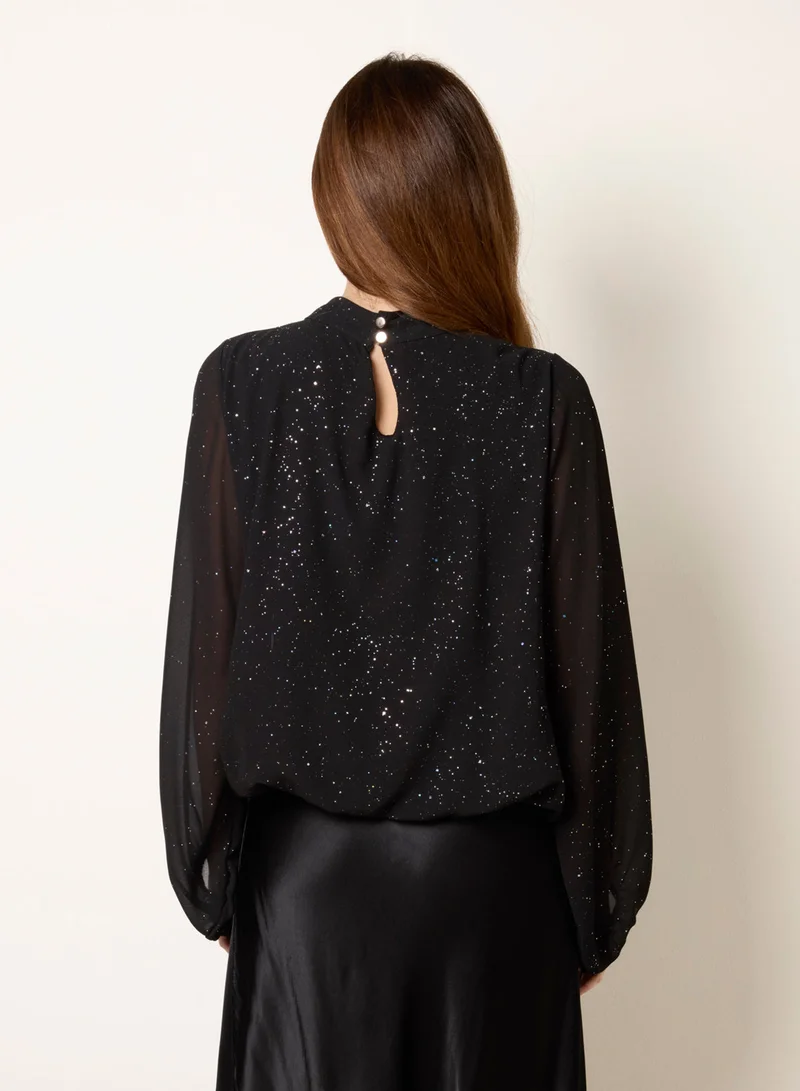 Blue Vanilla Metallic Sparkle Chiffon High Neck Puffball Top