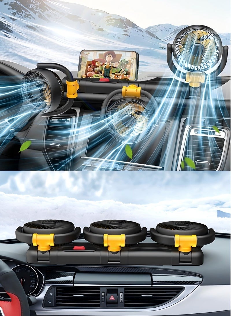 3 Heads Car Fan USB Portable Cooling Fan Silent Electric Fan 360° Rotation with Phone Holder for Car Truck,SUV,RV,Marine Boat,Office and Home (White) - Image 2