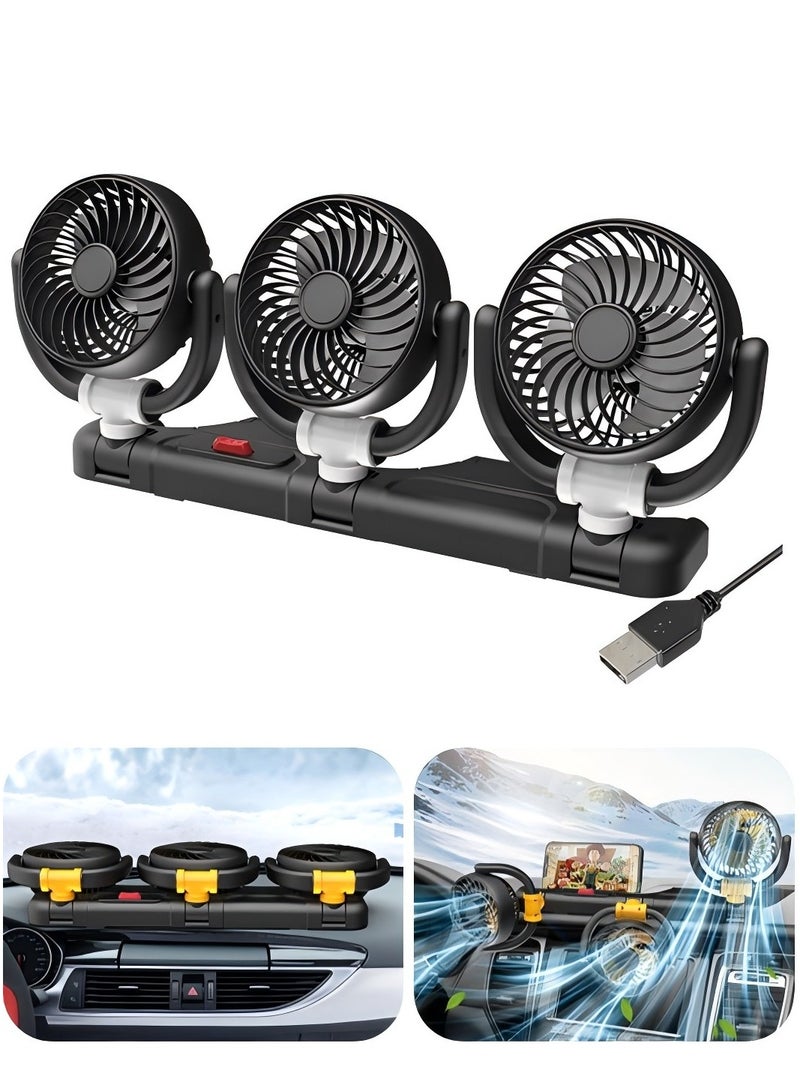 3 Heads Car Fan USB Portable Cooling Fan Silent Electric Fan 360° Rotation with Phone Holder for Car Truck,SUV,RV,Marine Boat,Office and Home (White) - Image 1