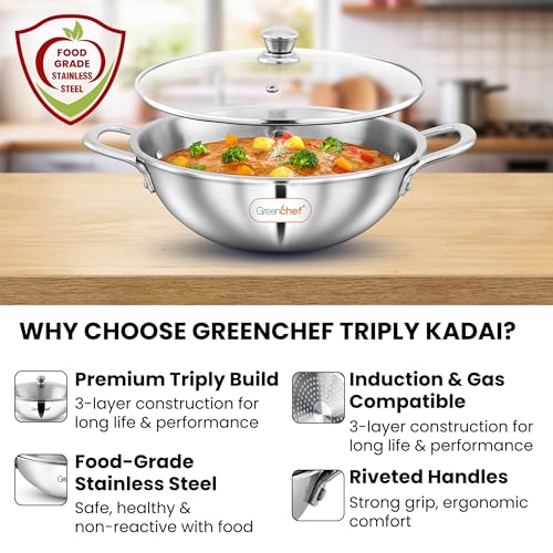GREENCHEF SS Tri ply Steel Crest - Kadai 22 cm with Glass Lid, Stainless Steel Exterior Surface, Ergonomic Handles, Induction Compatible, Scratch Resistant, 5Year Warranty - Image 5