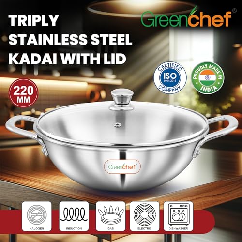GREENCHEF SS Tri ply Steel Crest - Kadai 22 cm with Glass Lid, Stainless Steel Exterior Surface, Ergonomic Handles, Induction Compatible, Scratch Resistant, 5Year Warranty - Image 2