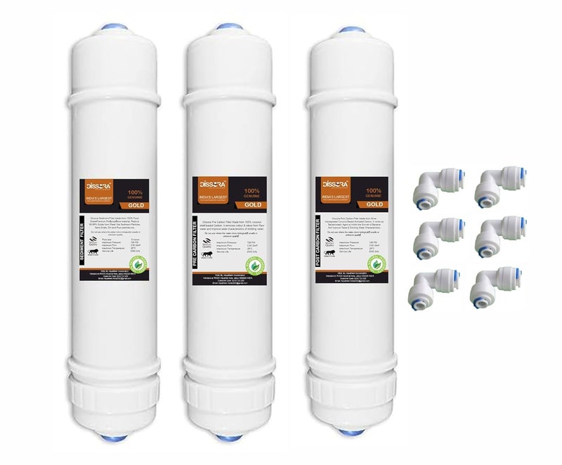 Dissora Gold 10 Inch Inline Pre Carbon Post Carbon and Sediment Block Filter Cartridge Set Suitable for All Kind of RO UV UF Water Purifier Pack of 3 - Image 1