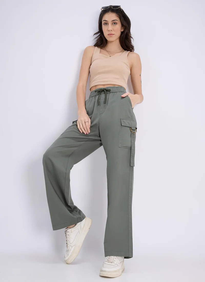 Globus Globus Women Olive Mid Rise Elasticated Waist Wide Leg Cargo Trousers