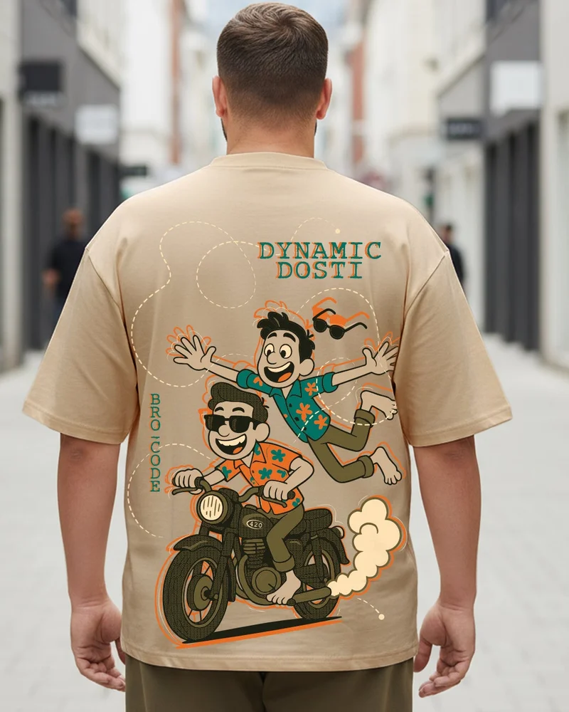 bewakoof Men's Ginger Root Brown Dynamic Dosti Graphic Printed Oversized Plus Size T-shirt